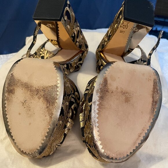 Tory Burch Gold/Black Brocade Fabric Loretta Platform Heels Size 11 - Picture 7 of 10